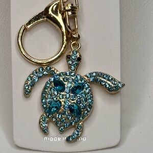 BAG CHARM Mint Gold and Blue Crystal Turtle Keychain